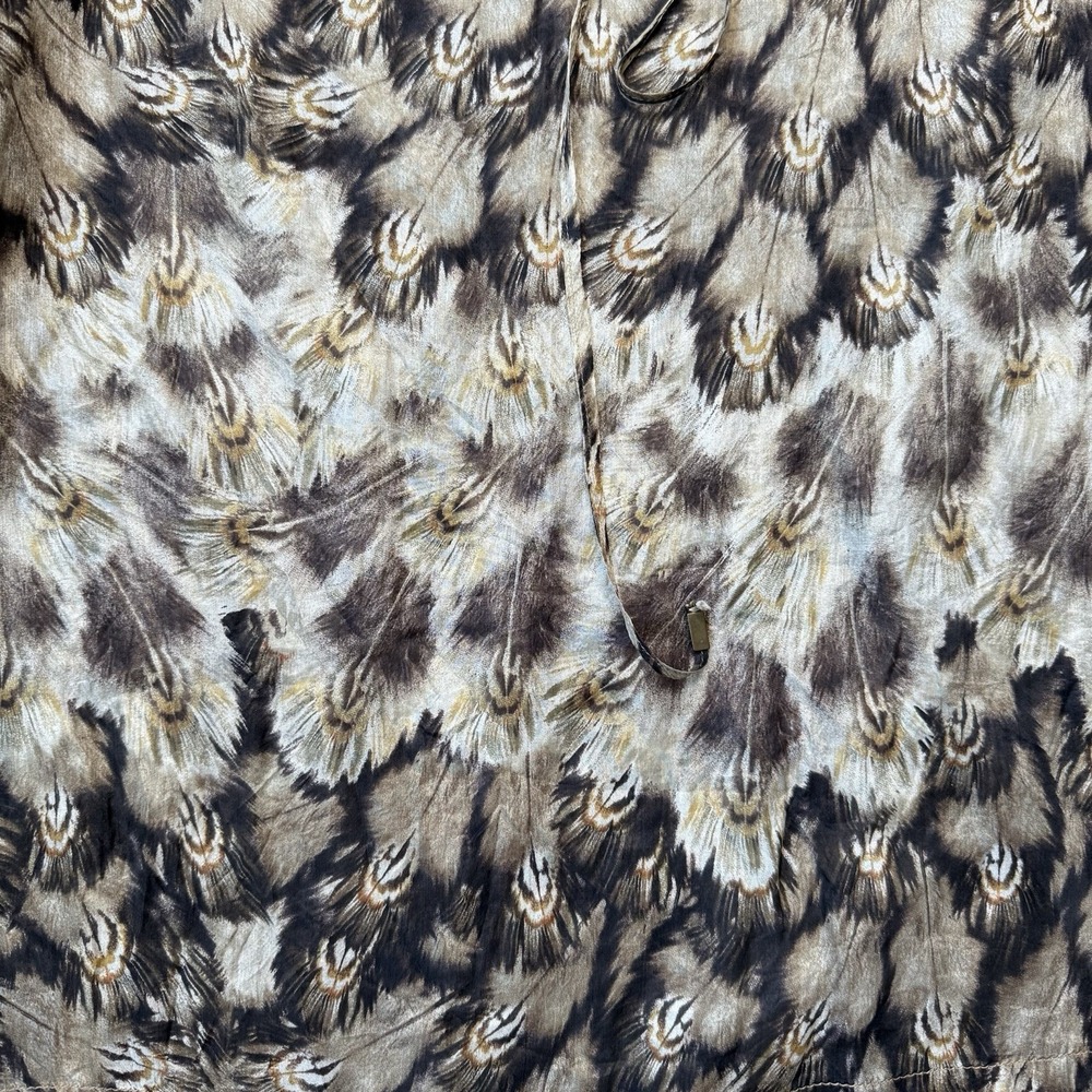 Mango MNG Suit Blouse Womens 8 Large Brown Silk Balloon Sleeve Peacock‎ Feather - Picture 4 of 15